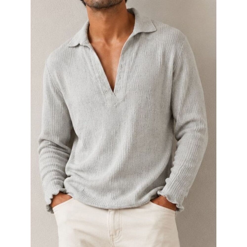 Johnny Max USA Ribbed V-Neck Collared Long Sleeve Shirt Size M